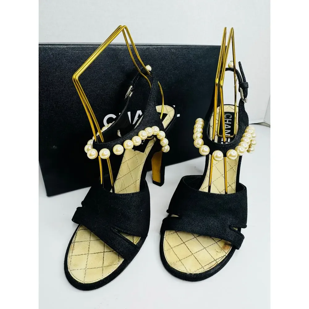 Chanel Black Grosgrain Faux Pearl Slide Sandals CC Logo EU 37.5
